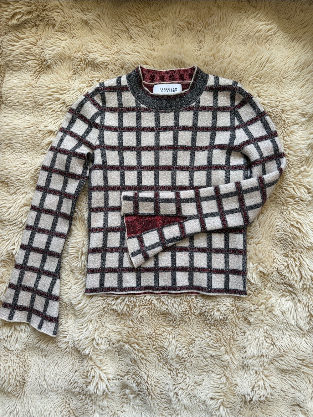 10 Crosby Derek Lam Windowpane Crewneck Sweater in Cream, Gray & Burgundy